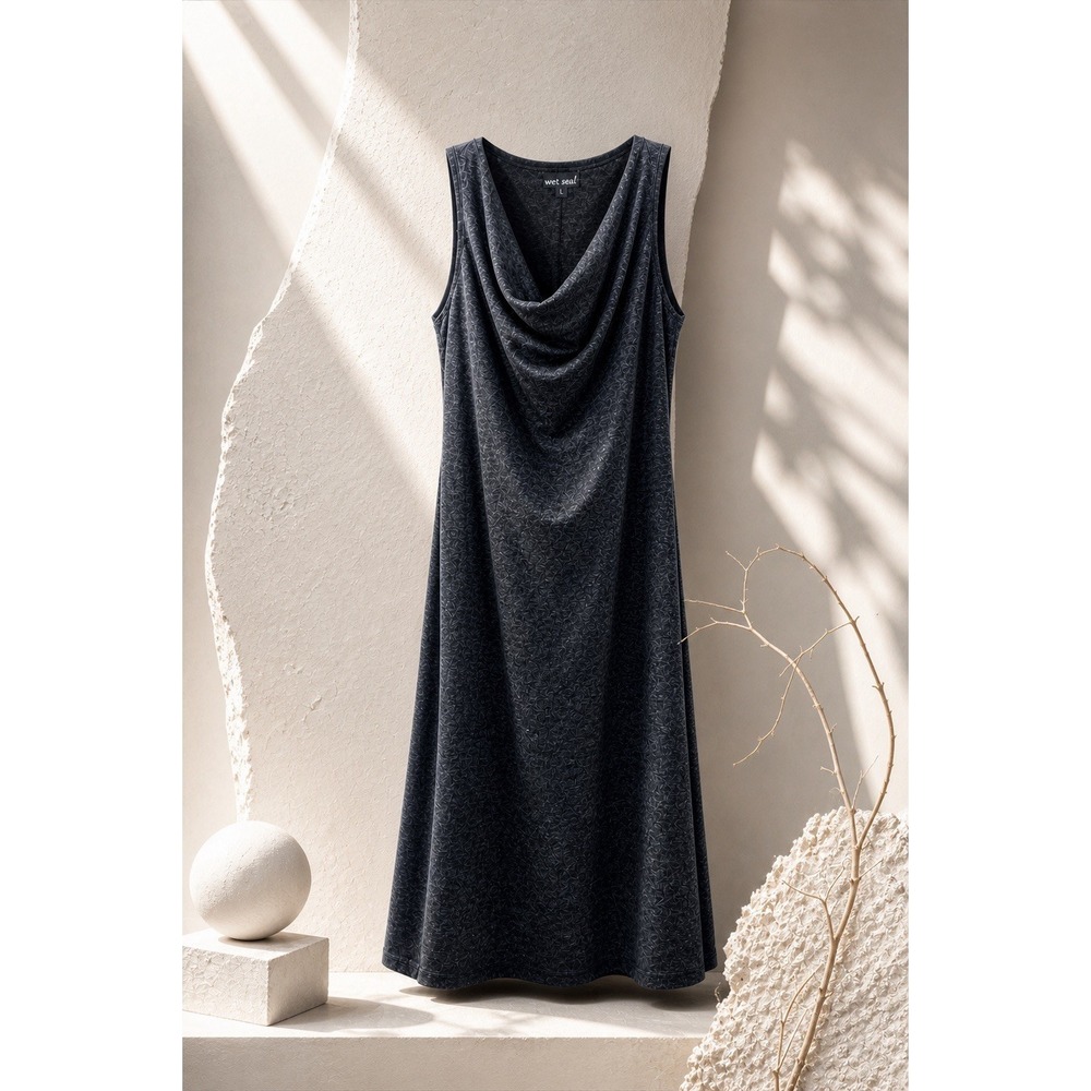 Wet Seal Gray Midi Cowl Neck Sleeveless Dress Size Large Y2K Boho Made in USA